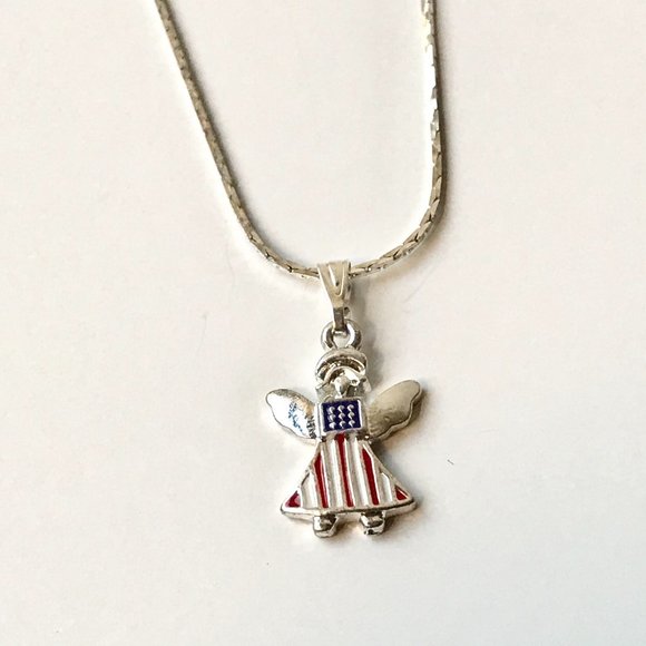 USA American Flag Necklace Earrings Set Angel Patriotic July 4th Enamel 18" - Picture 8 of 12